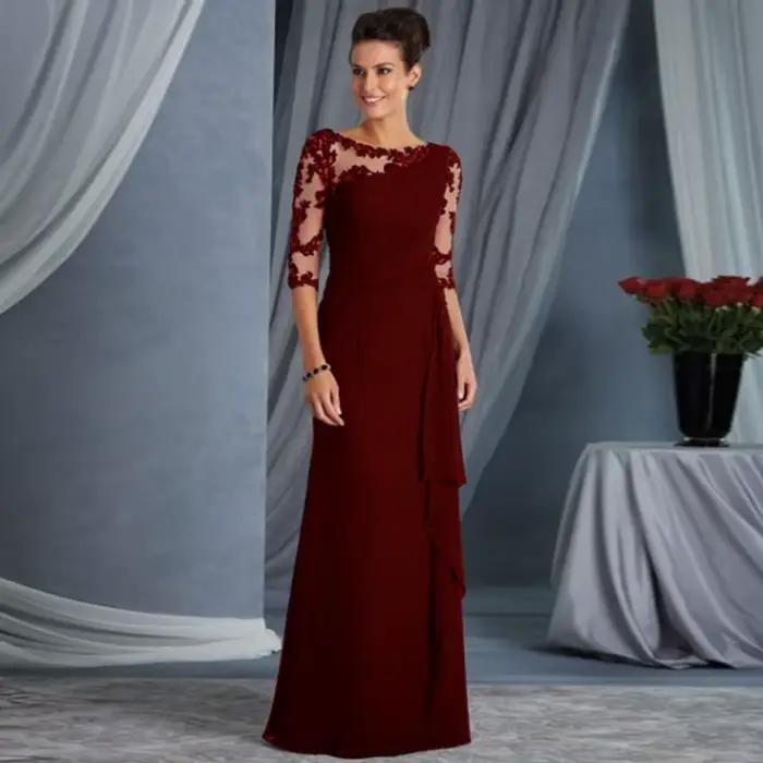 Robe longue élégante en polyester avec dentelle transparente pour femmes, coupe ajustée, col rond, manches mi-longues, idéale pour soirées et journées de travail