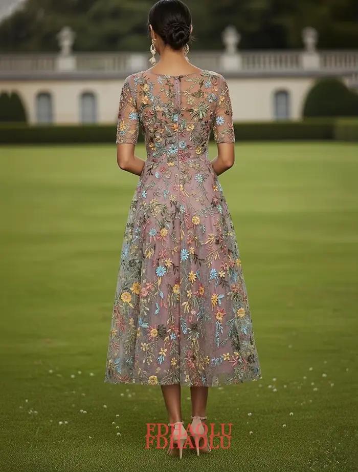 Robe de cocktail rose personnalisée pour invitée de mariage, manches mi-longues, col rond, élégante, décontractée, formelle, en tulle avec broderies et appliques