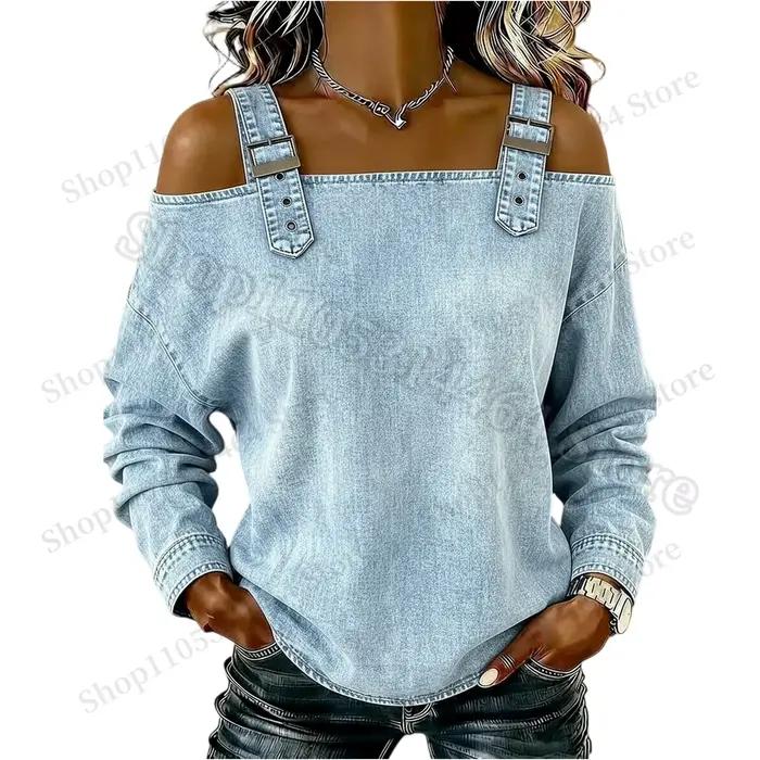Haut en jean pour femme, élégant haut à épaules dénudées à manches longues avec bretelles, chemise en jean élégante et polyvalente