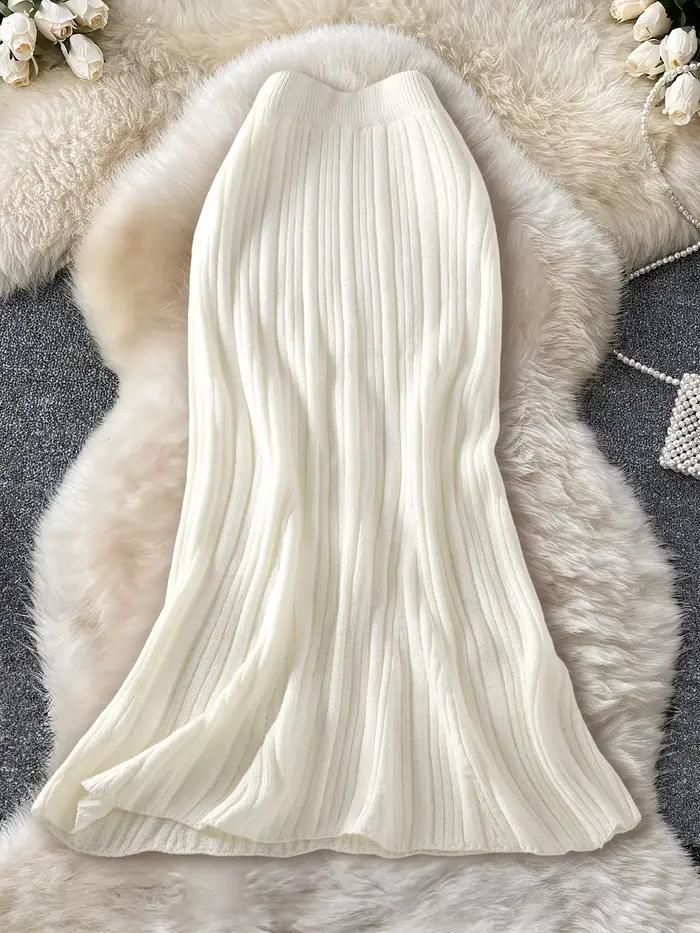 Jupe midi en maille côtelée crème pour femme, taille haute, coupe ajustée, ourlet évasé, décontractée pour le quotidien