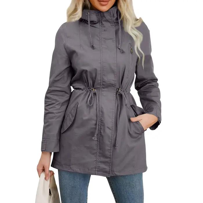 Trench-Coat à capuche pour femme, veste ajustée de couleur unie, pour le Camping quotidien en plein air et la randonnée, printemps-automne