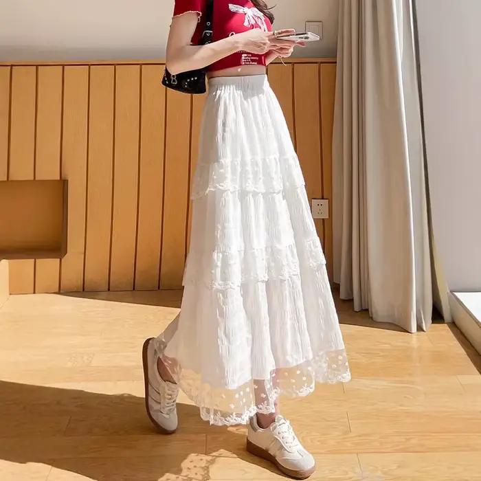 Jupe plissée mi-longue et longue en dentelle blanche pour femme