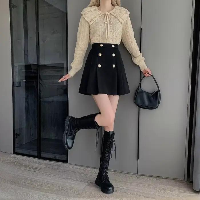 Jupes plissées femmes bouton loisirs concepteur couleurs pures élégant Harajuku Style coréen Faldas BF Vintage tout-match automne hiver
