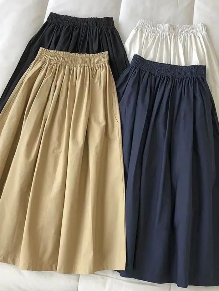 Femmes blanc jupe longue mode poches plissé genou longueur jupes automne nouveau décontracté élégant taille haute une