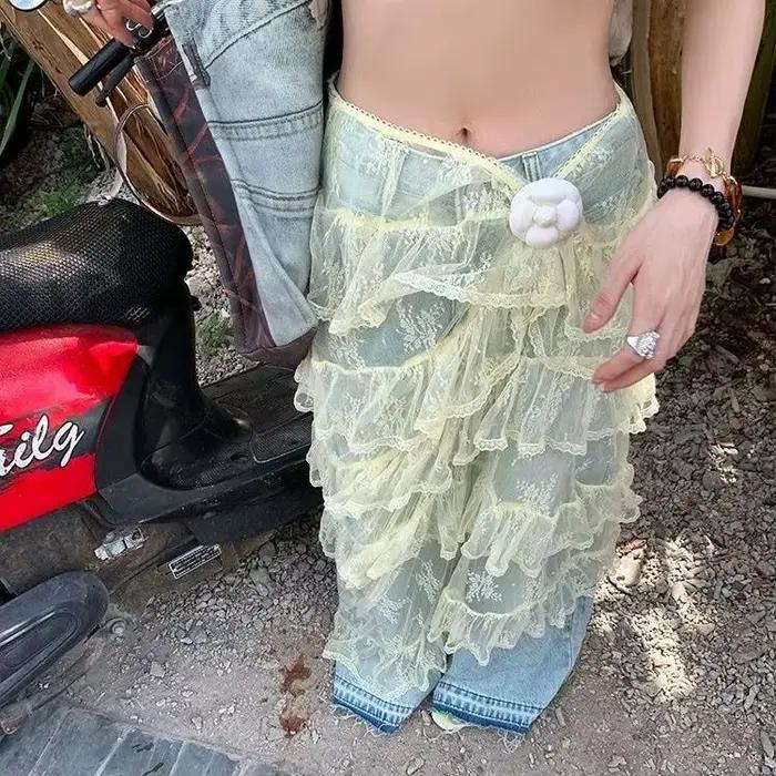 Jupe design en dentelle coréenne-jupe longue superposée élégante taille haute pour femmes