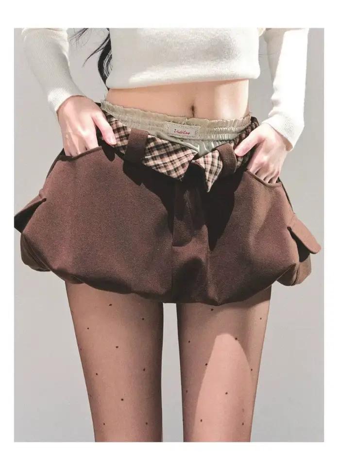 Femme Boule Bouffante Mini Jupe-Plaid Noeud Détail