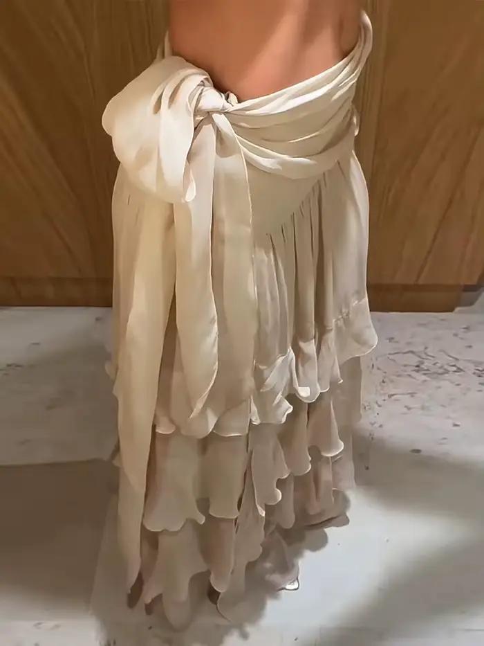 Nouvelle jupe longue plissée style français à volants cascade pour femme