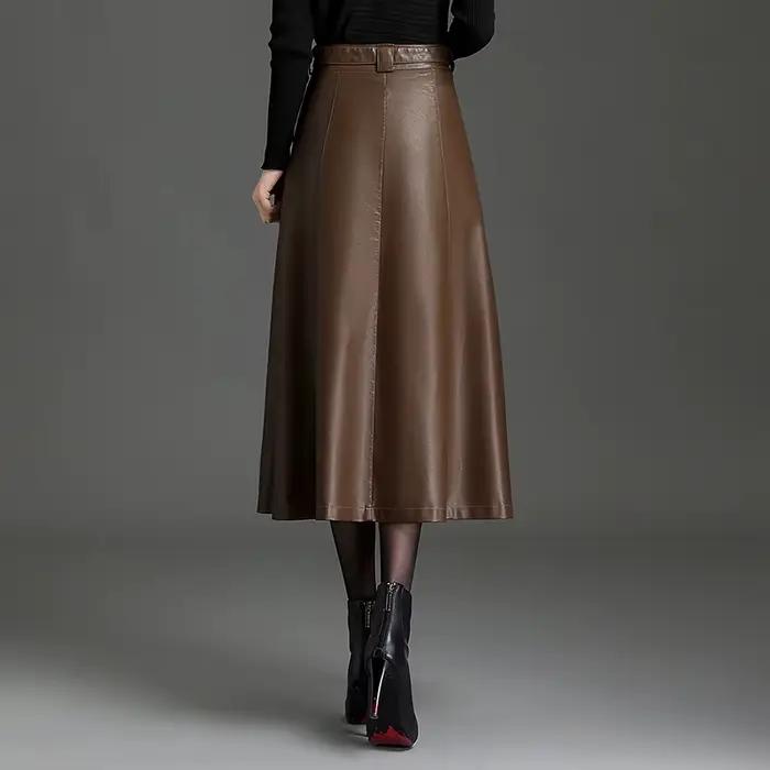 ZUZK – jupe trapèze en cuir Pu avec ceinture pour femmes