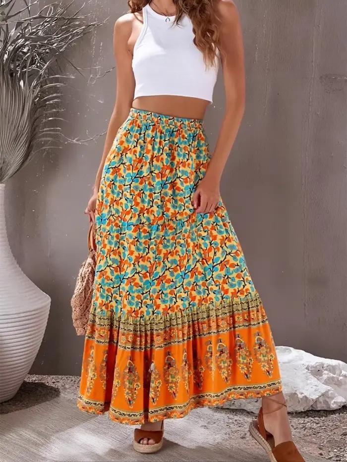 Vintage Chic Hippie femmes jaune imprimé fleuri plage bohème jupe haute taille élastique rayonne coton a-ligne Boho Maxi