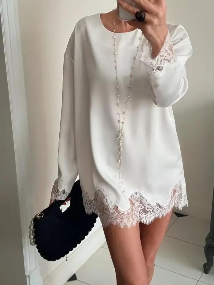 Robe courte bleu céleste en satin ample avec dentelle et lacets pour femmes, élégante pour soirées et clubs, coupe ample, col rond, printemps 2026