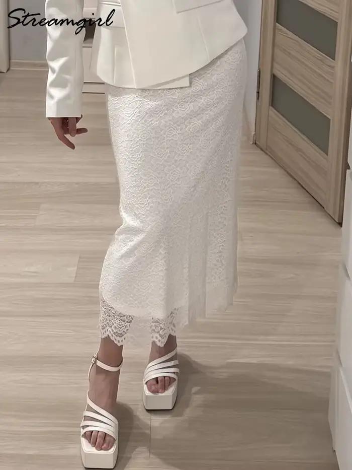 Jupe en dentelle blanche Maxi moulante femmes été tenue de bureau jupes formelles élégantes