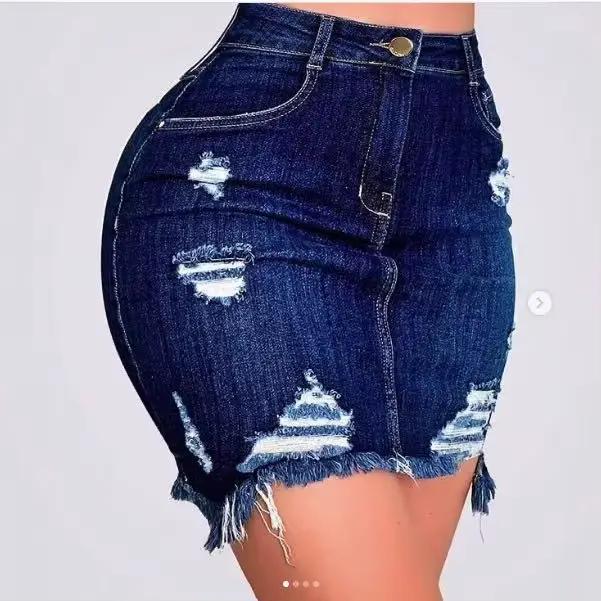 Jupe en jean femmes jupes d'été trou taille haute Stretch déchiré poches en détresse lavé hanche enveloppement au-dessus du genou 2025 Streetwear