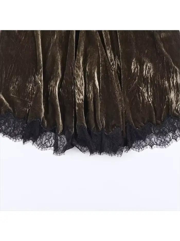 HH femmes élégant plissé décoration dentelle jupe longue automne femme taille haute côté fermeture éclair décontracté