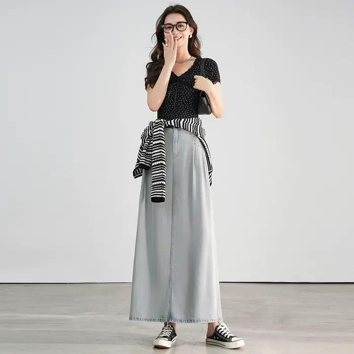LOUIS YAO jupe longue en Denim délavé 2025 printemps Lyocell tissu demi-longueur robe à la mode taille haute