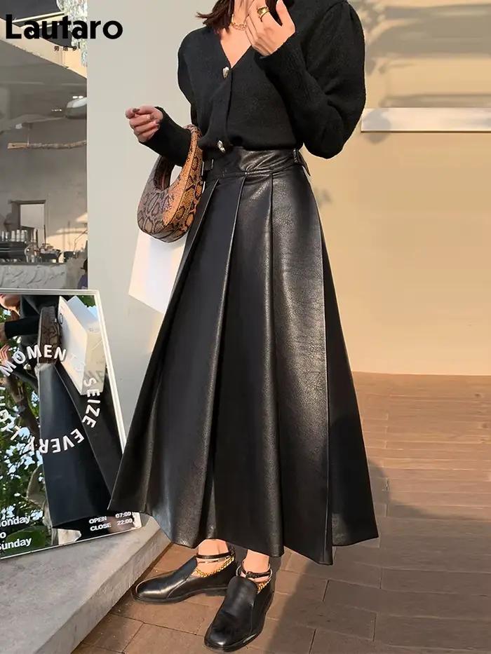 Jupe Mi-Longue Plissée en Faux Cuir Lautaro pour Femmes Occasions Spéciales Mode Coréenne Elégante Bureau Chic