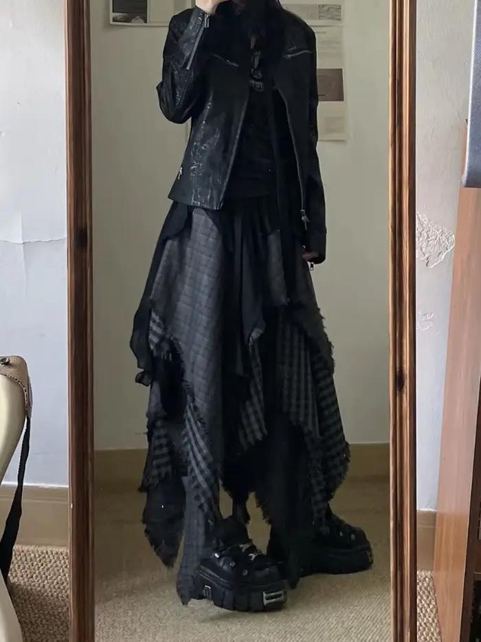 Jupe femme à carreaux irréguliers 2025 Faldas Mujer De Moda taille haute a-ligne glands