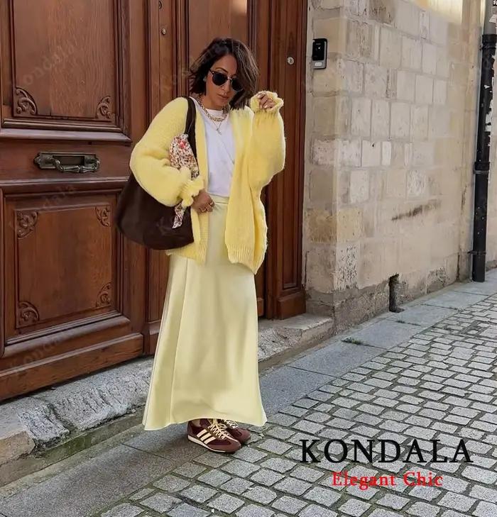 KONDALA élégant Satin mince Midi solide jupe femmes élastique taille haute a-ligne décontracté femme