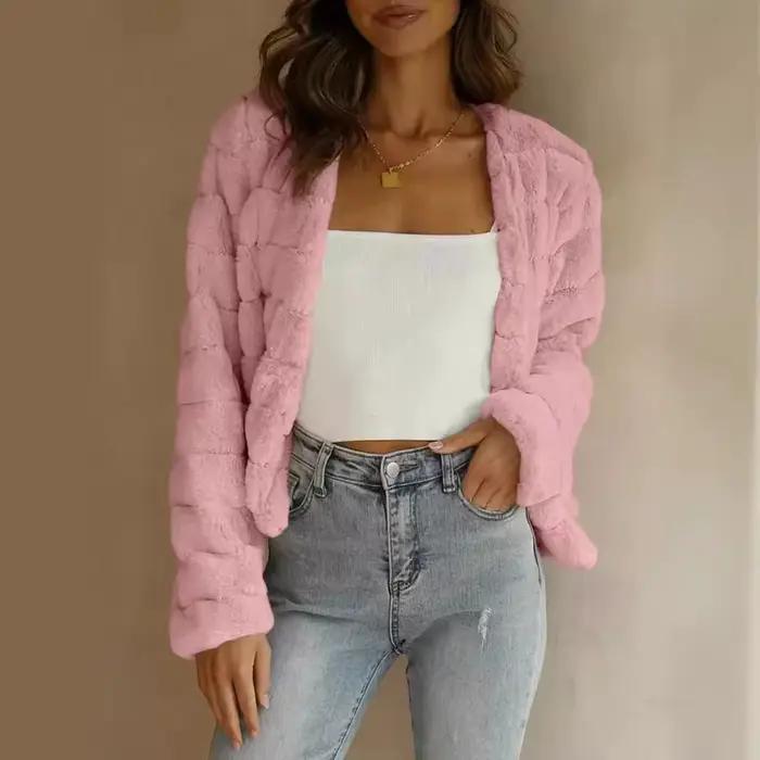 Veste courte en fausse fourrure pour femme, à manches longues, avec patte de boutonnage sur le devant, vêtement féminin moelleux, simple et polyvalent, en peluche