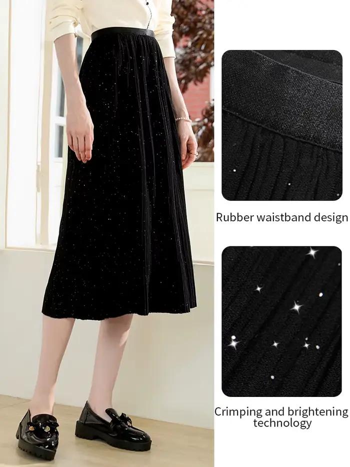 Je vous crois noir paillettes plissé a-ligne jupe 2025 automne élastique taille haute jupes rétro trajet parapluie