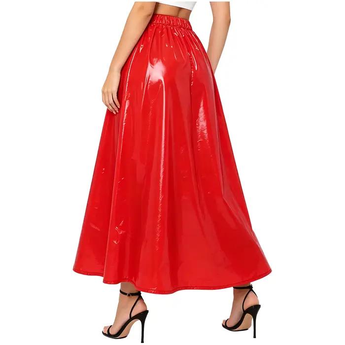 Jupe longue en similicuir effet mouillé pour femmes, coupe trapèze, taille empire, longueur cheville, pour soirées, clubs et événements sociaux