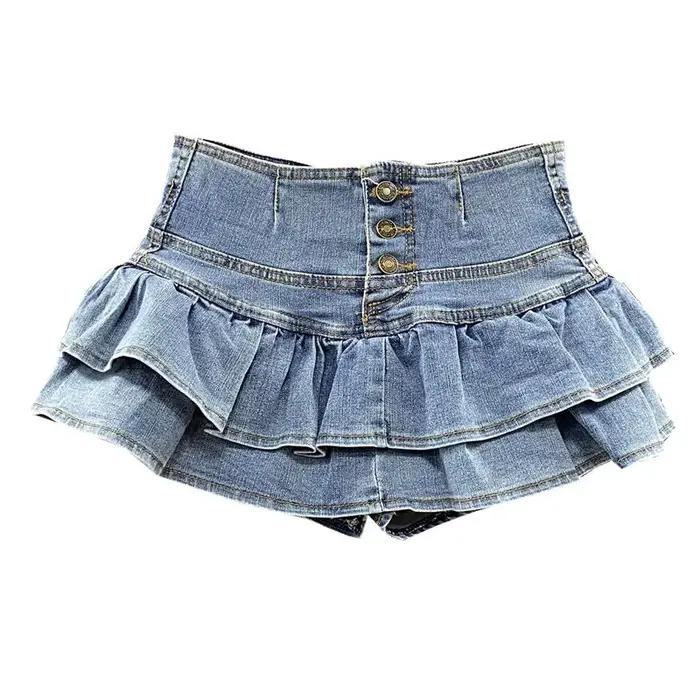 Jupe Courte Plissée Imprimée en Jean Bleu Taille Haute Style Y2K Rétro Mignonne Sexy Streetwear Femme Nouvelle Collection Été 2026