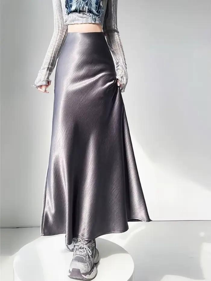 Jupe midi élégante en satin taille haute pour femme