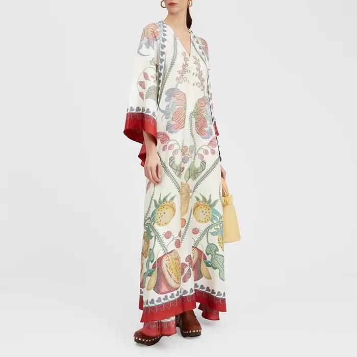 Robe longue ethnique rétro imprimée style Boho pour femmes, Sexy, col montant, à lacets, robe de soirée, manches longues, ample, Maxi, automne