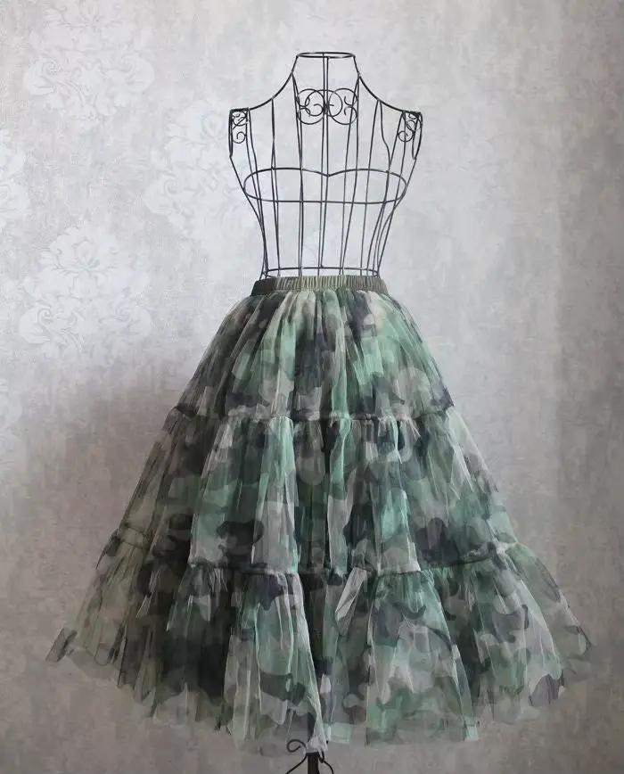Jupe longue camouflage A-Line en tulle de style coréen vert armée avec ceinture élastique pour femmes multicolore et polyvalente midi maxi