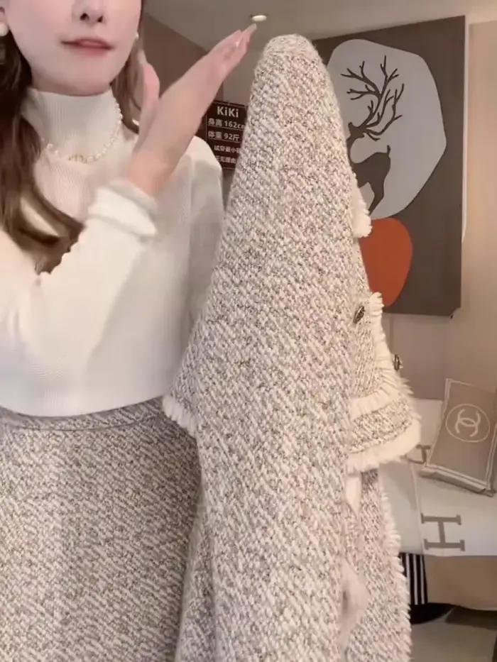 Veste en tweed à manches longues et mini jupe taille haute pour femmes