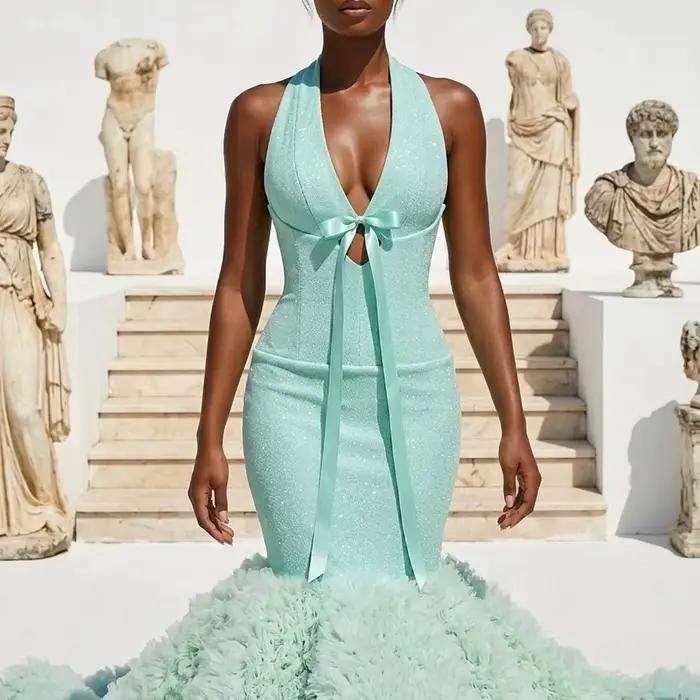 Robes de bal longues turquoise, col halter, volants, robe de soirée longue, Arabie Saoudite, Dubaï, robe de soirée du Moyen-Orient, robe personnalisée