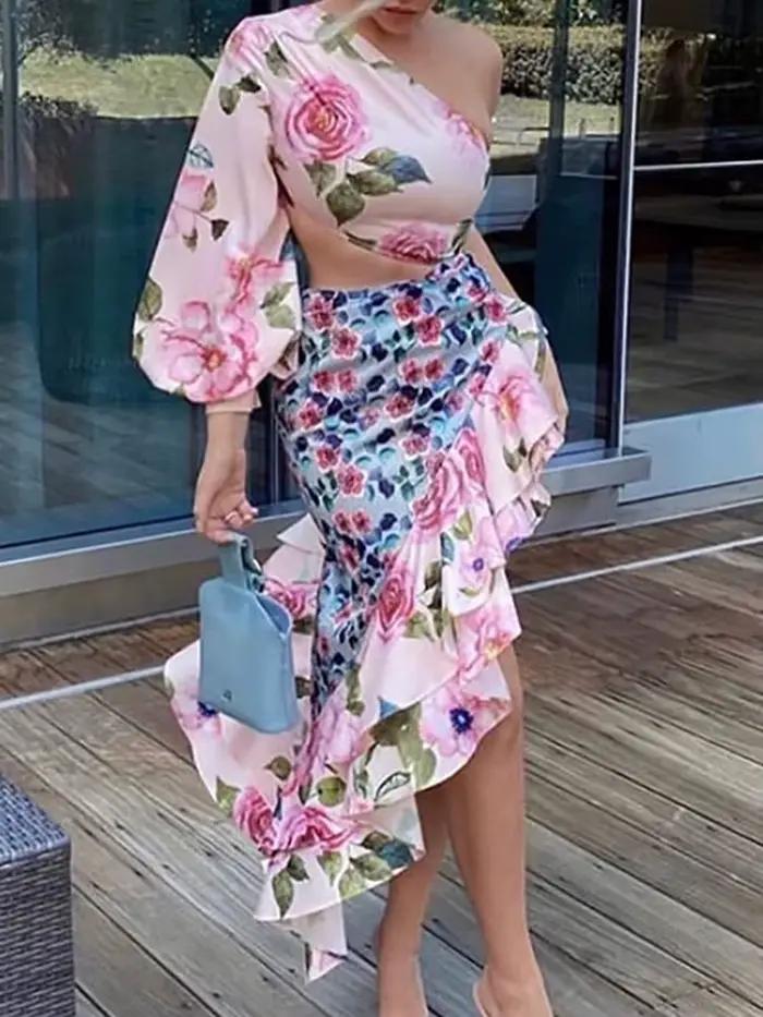 Ensemble jupe et haut à volants et imprimé floral pour femme