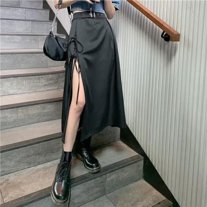 Jupes trapèze taille haute pour femmes, streetwear, nœud fendu sur le côté, rétro, sexy, irrégulier, élégant, nouveau design de mode, chaud, été