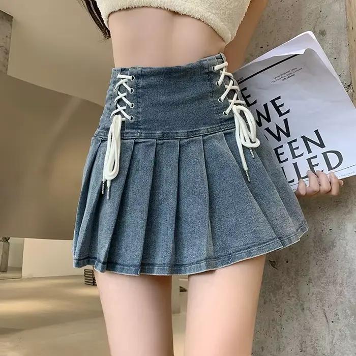 Denim jupes plissées femmes mignon à lacets Chic fille été Mini jupe Style coréen mode Sexy taille haute Streetwear collège