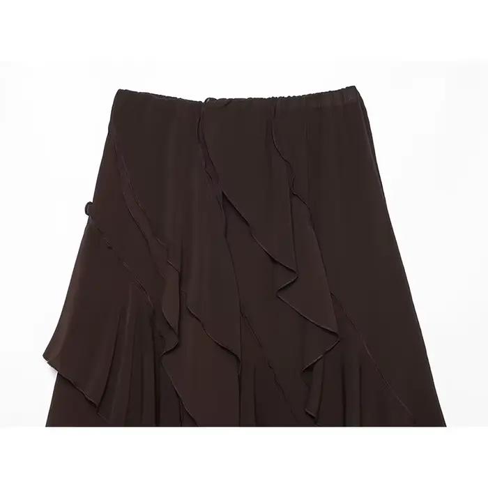 YENKYE Jupe midi asymétrique à volants marron foncé pour femme