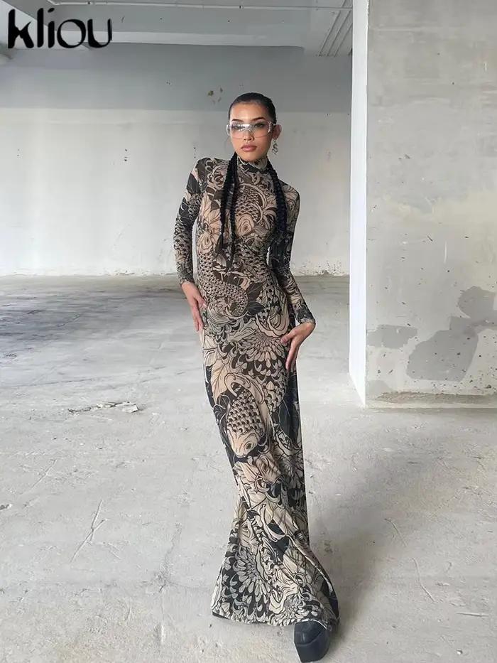 Kliou – Robe Maxi en maille imprimée Vintage pour femmes