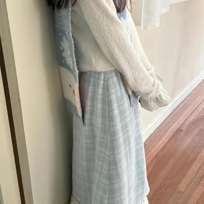Japonais doux jupe longue femmes automne hiver bleu Plaid Vintage Preppy Patchwork jupes taille haute une ligne ample