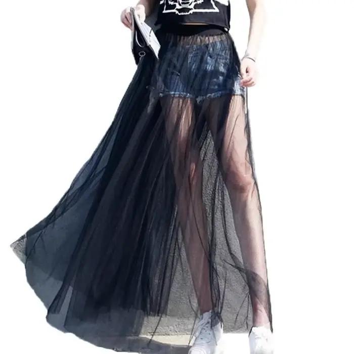 2025 été longue dentelle jupe femmes noir blanc maille jupes décontractées taille basse bohème Sexy Transparent Maxi porter