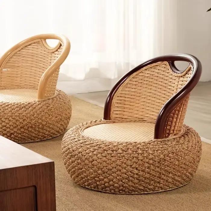 Chaise d'appoint ronde en rotin tissé, siège de sol confortable avec dossier, Pouf confortable pour balcon et salon