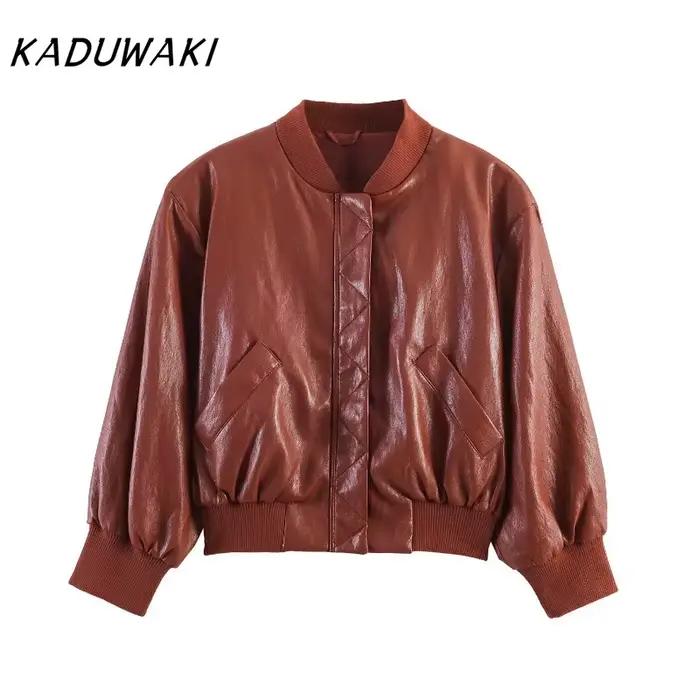 Ensemble jupe et veste bomber chic en similicuir pour femme KADUWAKI