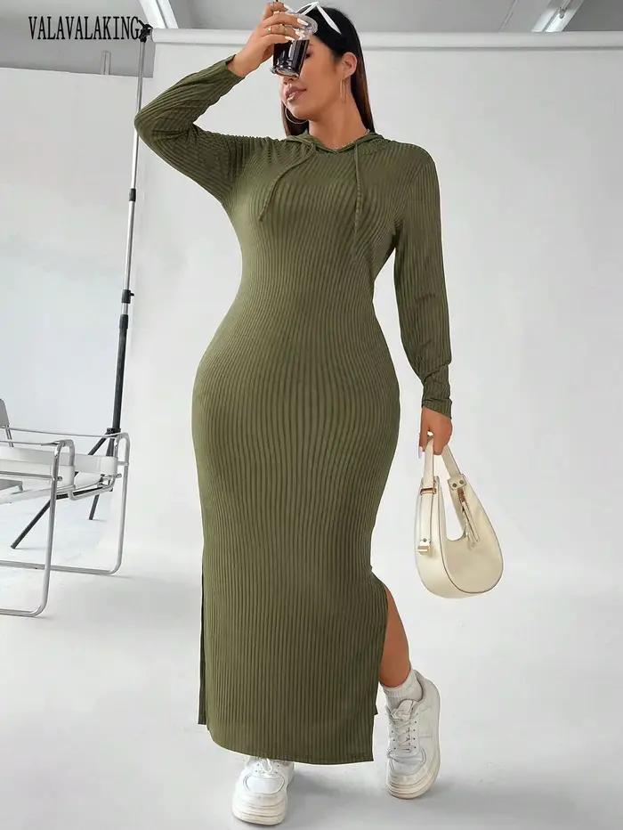 Robe pull à manches longues et col en V pour femme, grande taille, avec capuche, élégante, fendue, moulante, maxi, hiver, 2025