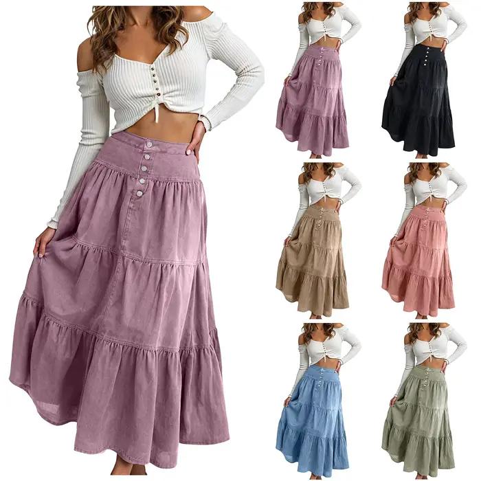 Jupe en jean femme Boho élégant à volants grand ourlet a-ligne décontracté mode