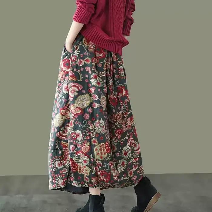 Jupe mi-longue rétro en coton et lin à imprimé floral artistique