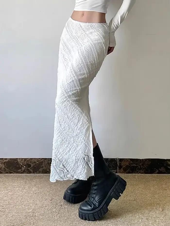 Jupe longue en dentelle blanche élégante pour femmes junior style streetwear vintage été