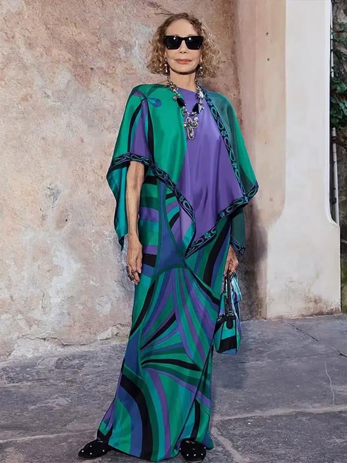 Ensemble jupe longue imprimée et haut élégant à col rond et ourlet asymétrique pour femme
