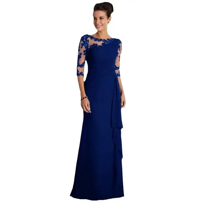 Robe longue élégante en polyester avec dentelle transparente pour femmes, coupe ajustée, col rond, manches mi-longues, idéale pour soirées et journées de travail