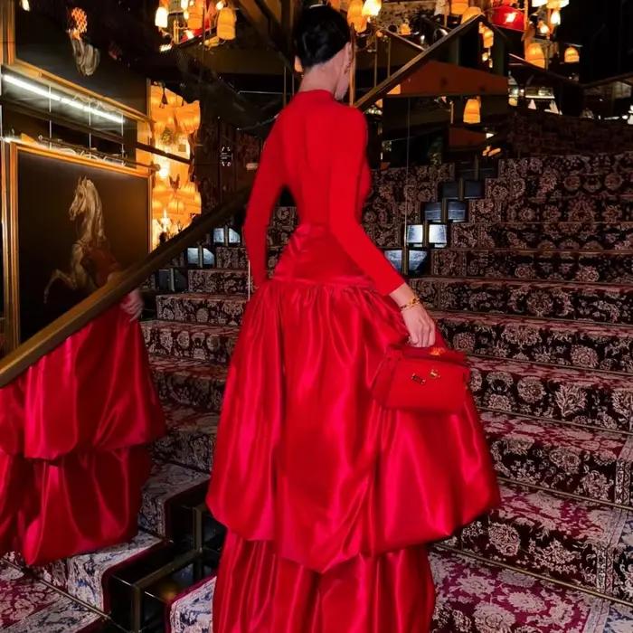 Jupes de soirée rouge de noël deux couches drapées en Satin longue jupe Maxi Saias pour les femmes bureau dame