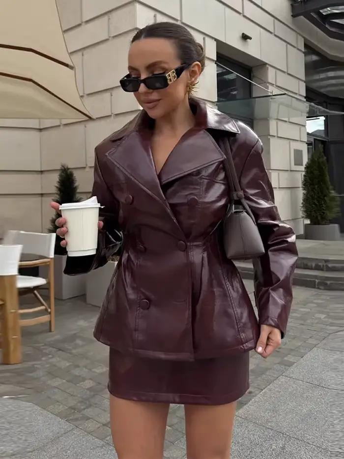 Ensemble de jupes 2 pièces en faux cuir pour femmes, style vintage chic, décontracté et confortable, idéal pour le printemps et l'été, occasions spéciales et tenues de ville