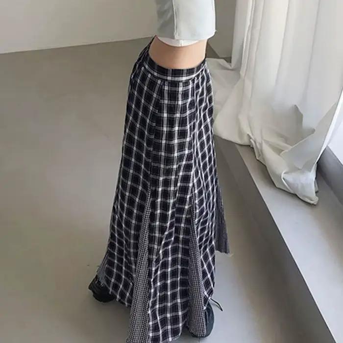 Femmes Plaid jupe longue rétro épissage taille haute