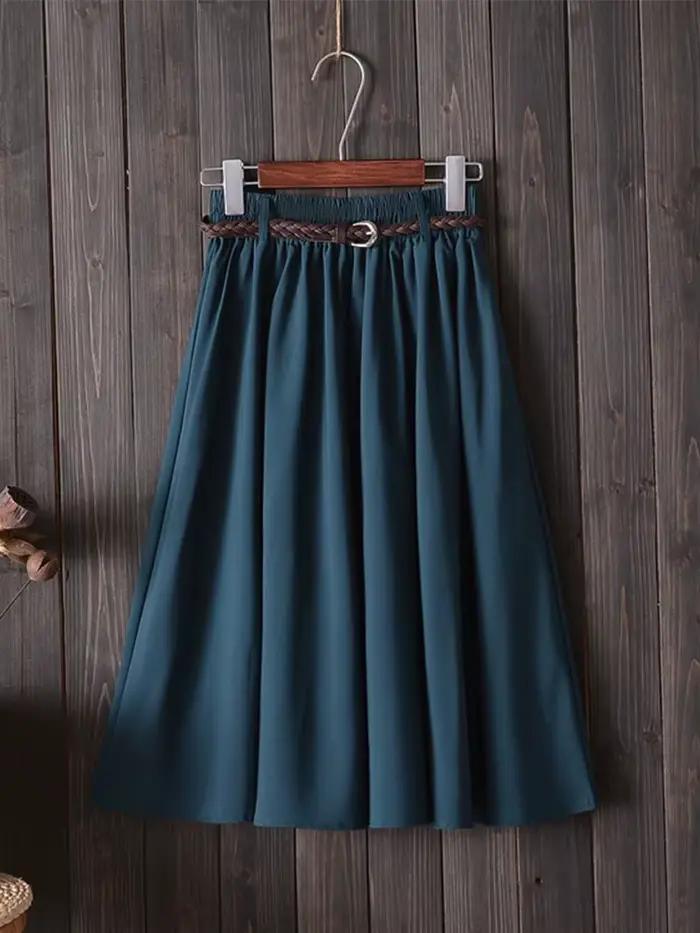 Midi genou longueur jupe d'été femmes avec ceinture mode coréenne dames taille haute plissée a-ligne