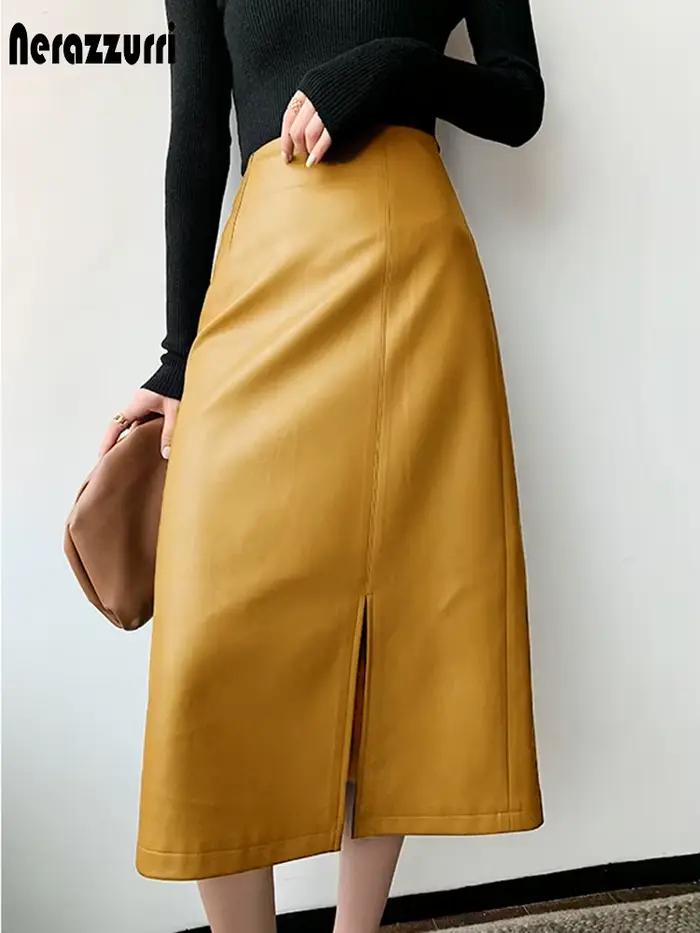 Jupe midi Nerazzurri en simili cuir jaune et noir pour femmes, style bureau, taille haute, polyvalente pour toutes les occasions